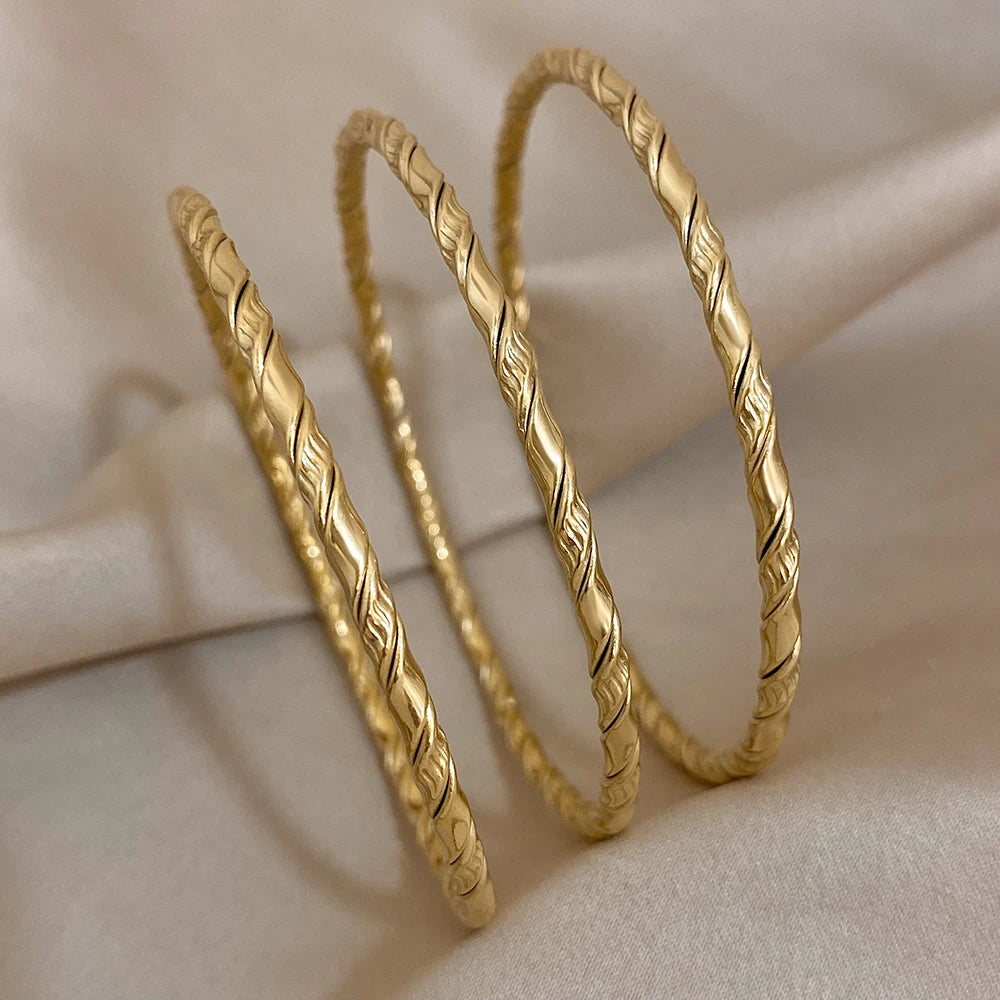 3PCS Gold Color Twist Stainless Steel Bangle Set – Chic Tibetan Buddha-Inspired Stackable Bracelets for Women - Image 3