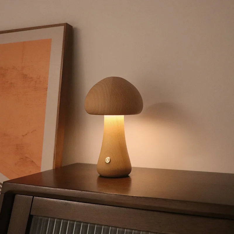 Cute Wooden Mushroom LED Bedside Table Lamp – Touch Switch Night Light for Kids' Bedroom - Image 3