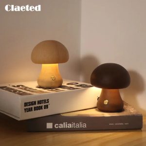 Cute Wooden Mushroom LED Bedside Table Lamp – Touch Switch Night Light for Kids' Bedroom