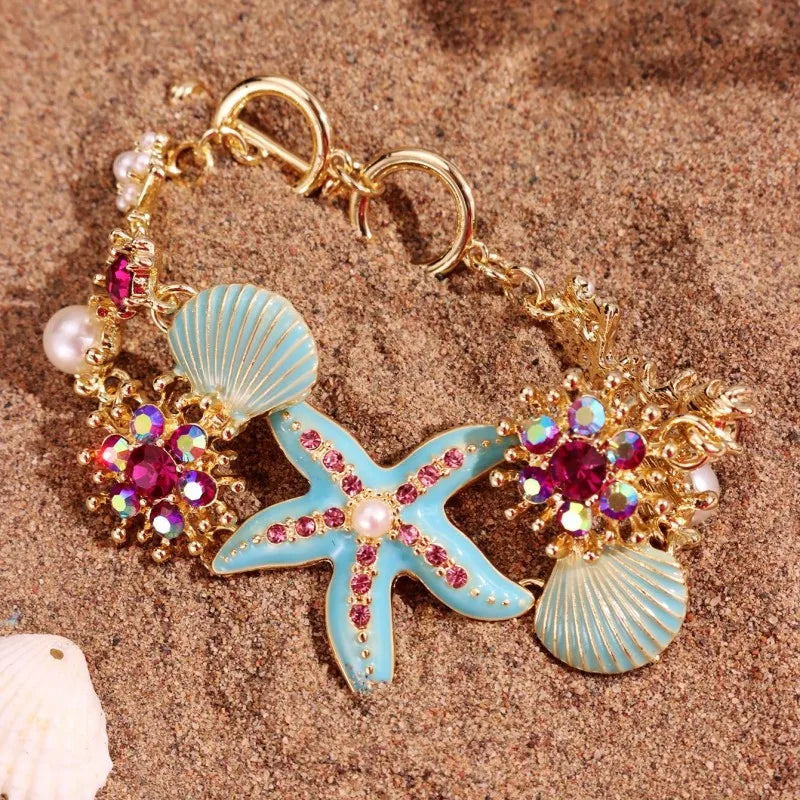 HANGZHI Blue & Pink Drip Oil Starfish Shell Pearl Bracelet Anklet – Summer Beach Jewelry for Women - Image 4