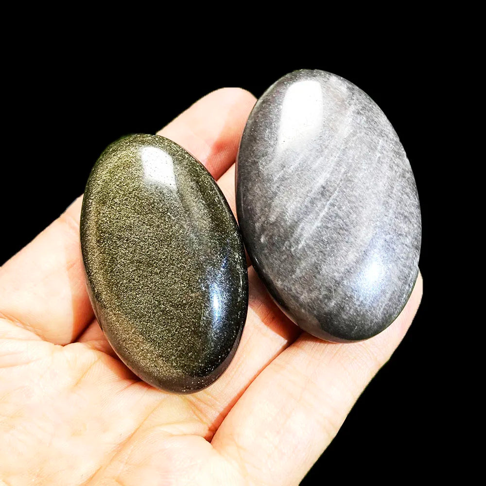 1PC Silver Golden Obsidian Palm Stone – Natural Oval Crystal for Feng Shui, Healing & Meditation - Image 2