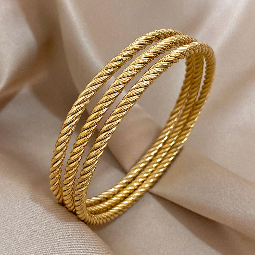 3PCS Gold Color Twist Stainless Steel Bangle Set – Chic Tibetan Buddha-Inspired Stackable Bracelets for Women - Image 11