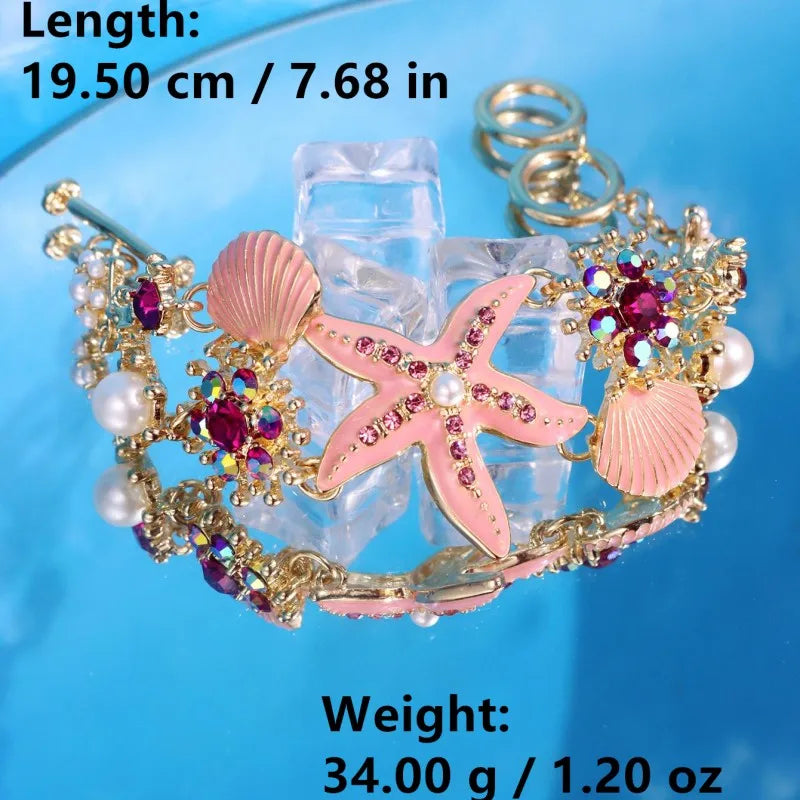 HANGZHI Blue & Pink Drip Oil Starfish Shell Pearl Bracelet Anklet – Summer Beach Jewelry for Women - Image 2