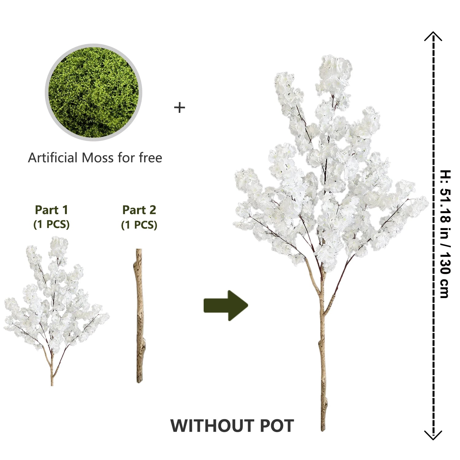 100–220cm Artificial White Cherry Blossom Tree – Faux Silk Leaves with Natural Trunk for Home & Wedding Decor - Image 9